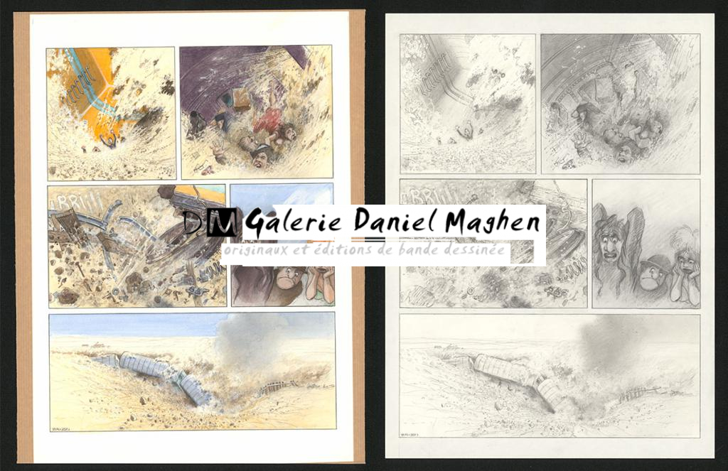 Planche originale n°109 et sa première étape noir et blanc (page 113) - Paul & Gaëtan Brizzi - Aquarelle et crayon de cire sur papier Arches - 6287