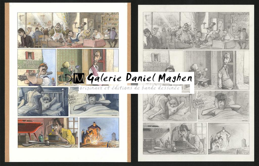 Planche originale n°57 et sa première étape noir et blanc (page 61) - Paul & Gaëtan Brizzi - Aquarelle et crayon de cire sur papier Arches - 6288