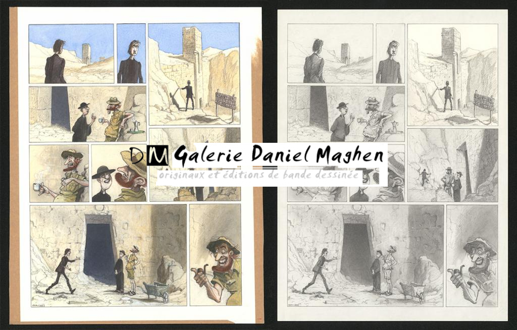 Planche originale n°70 et sa première étape noir et blanc (page 74) - Paul & Gaëtan Brizzi - Aquarelle et crayon de cire sur papier Arches - 6289