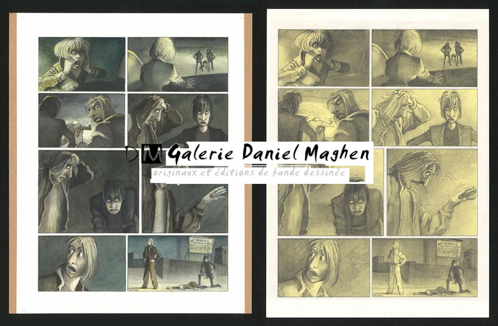 Planche originale n°12 et sa première étape noir et blanc (page 16) - Paul & Gaëtan Brizzi - Aquarelle et crayon de cire sur papier Arches - 6292