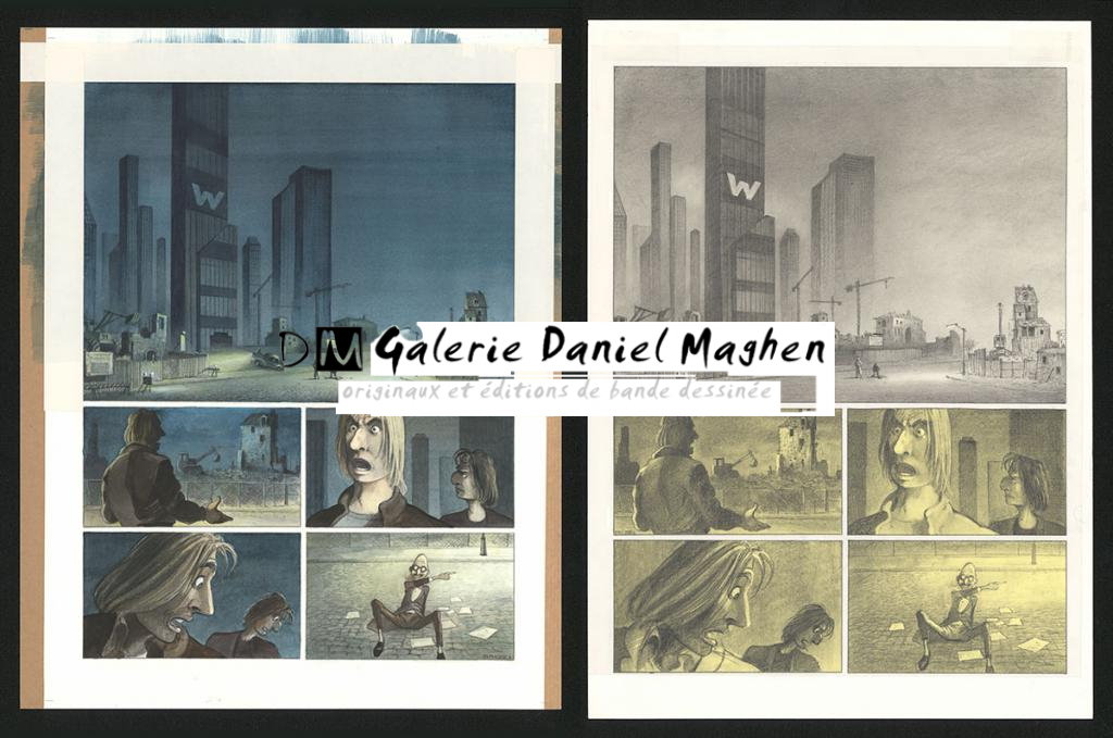 Planche originale n°13 et sa première étape noir et blanc (page 17) - Paul & Gaëtan Brizzi - Aquarelle et crayon de cire sur papier Arches - 6293