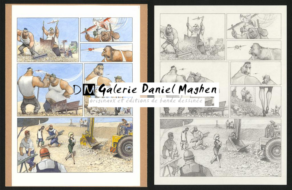 Planche originale n°54 et sa première étape noir et blanc (page 58) - Paul & Gaëtan Brizzi - Aquarelle et crayon de cire sur papier Arches - 6294