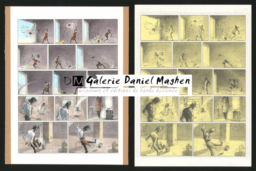 Planche originale n°22 et sa première étape noir et blanc (page 26) - Paul & Gaëtan Brizzi - Aquarelle et crayon de cire sur papier Arches - 6295