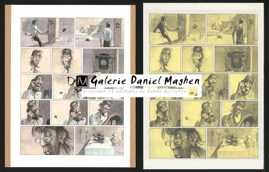 Planche originale n°23 et sa première étape noir et blanc (page 27) - Paul & Gaëtan Brizzi - Aquarelle et crayon de cire sur papier Arches - 6297