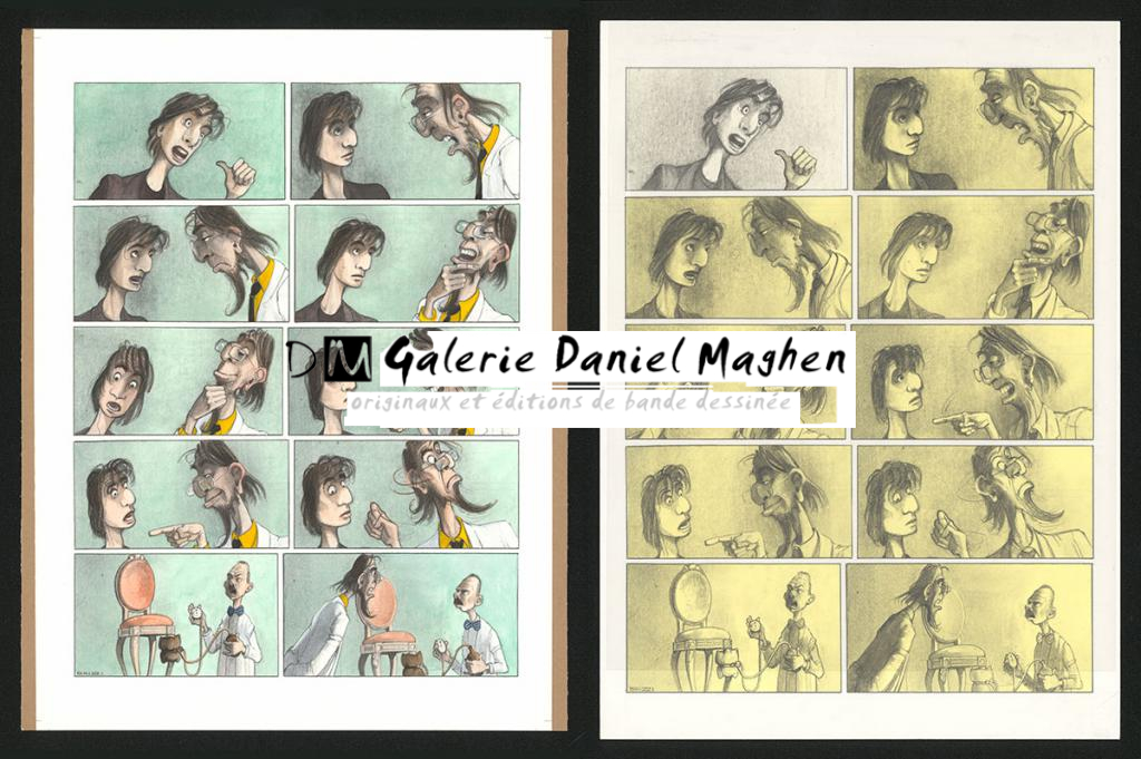 Planche originale n°34 et sa première étape noir et blanc (page 38) - Paul & Gaëtan Brizzi - Aquarelle et crayon de cire sur papier Arches - 6298