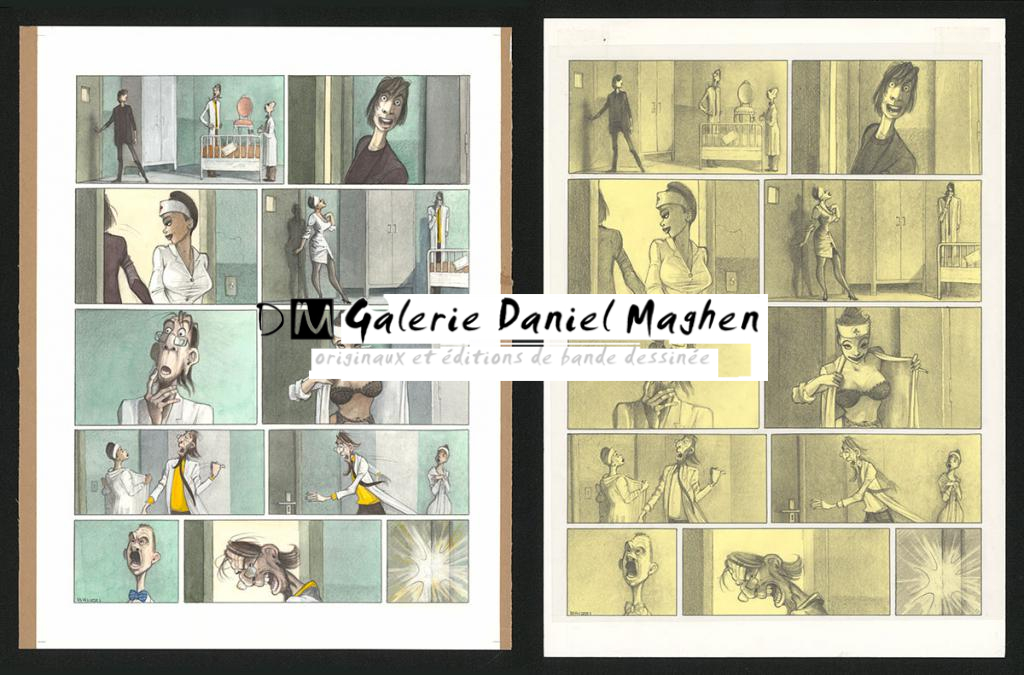 Planche originale n°35 et sa première étape noir et blanc (page 39) - Paul & Gaëtan Brizzi - Aquarelle et crayon de cire sur papier Arches - 6299