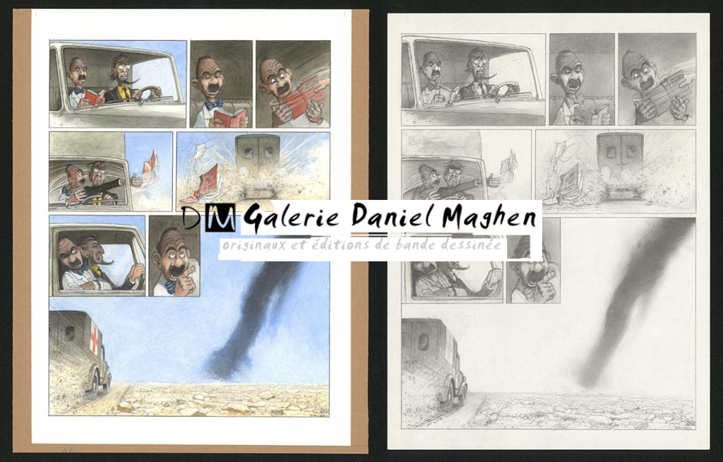 Planche originale n°44 et sa première étape noir et blanc (page 48) - Paul & Gaëtan Brizzi - Aquarelle et crayon de cire sur papier Arches - 6301