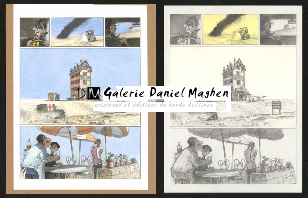 Planche originale n°45 et sa première étape noir et blanc (page 49) - Paul & Gaëtan Brizzi - Aquarelle et crayon de cire sur papier Arches - 6466