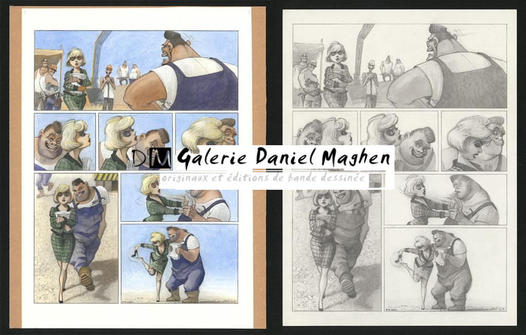 Planche originale n°55 et sa première étape noir et blanc (page 59) - Paul & Gaëtan Brizzi - Aquarelle et crayon de cire sur papier Arches - 6302