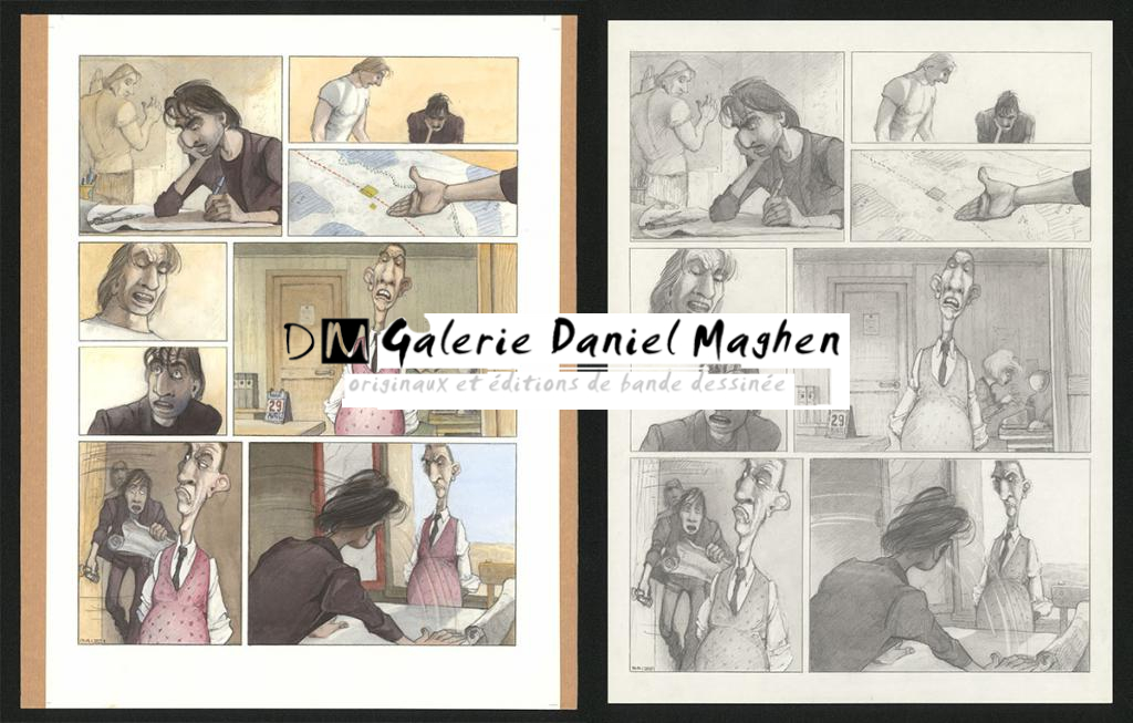 Planche originale n°58 et sa première étape noir et blanc (page 62) - Paul & Gaëtan Brizzi - Aquarelle et crayon de cire sur papier Arches - 6304