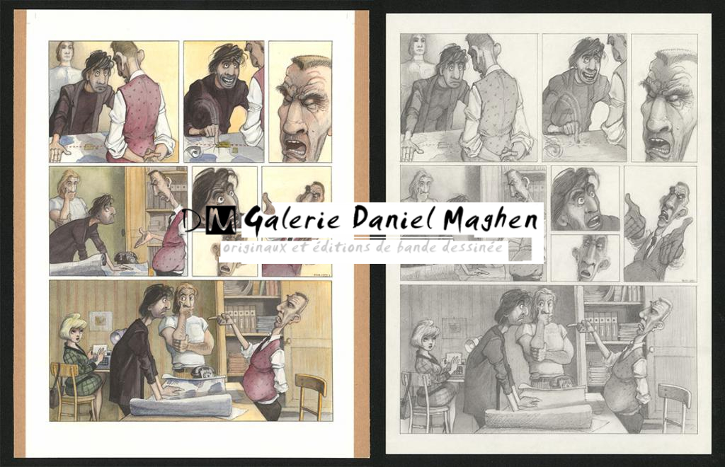 Planche originale n°59 et sa première étape noir et blanc (page 63) - Paul & Gaëtan Brizzi - Aquarelle et crayon de cire sur papier Arches - 6305