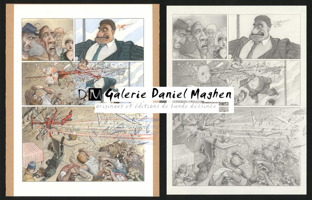 Planche originale n°76 et sa première étape noir et blanc (page 80) - Paul & Gaëtan Brizzi - Aquarelle et crayon de cire sur papier Arches - 6307