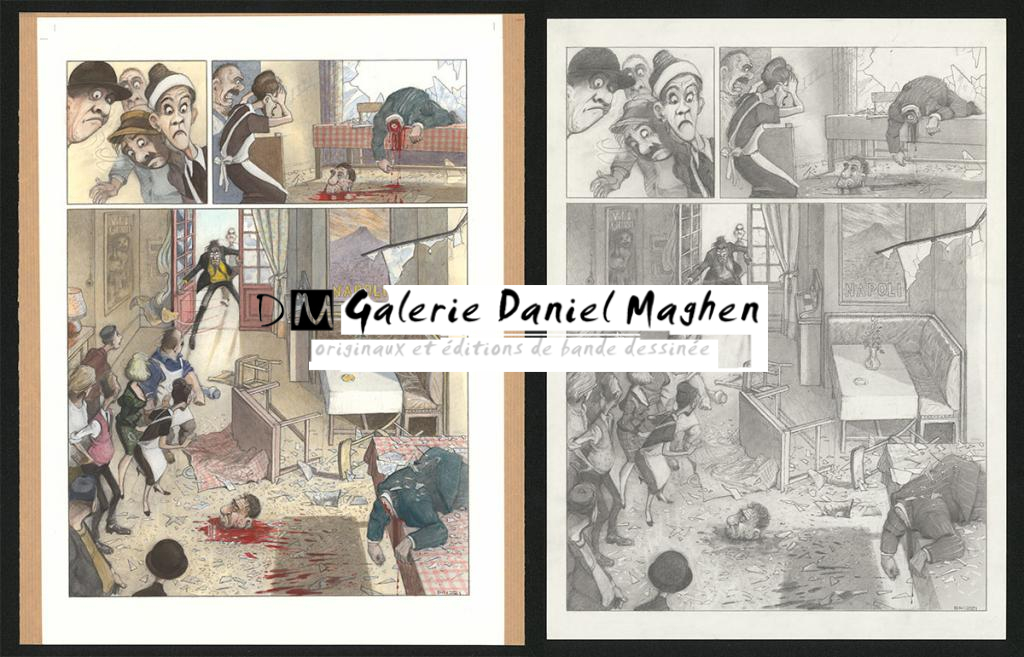 Planche originale n°77 et sa première étape noir et blanc (page 81) - Paul & Gaëtan Brizzi - Aquarelle et crayon de cire sur papier Arches - 6468