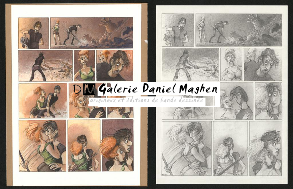 Planche originale n°87 et sa première étape noir et blanc (page 91) - Paul & Gaëtan Brizzi - Aquarelle et crayon de cire sur papier Arches - 6383