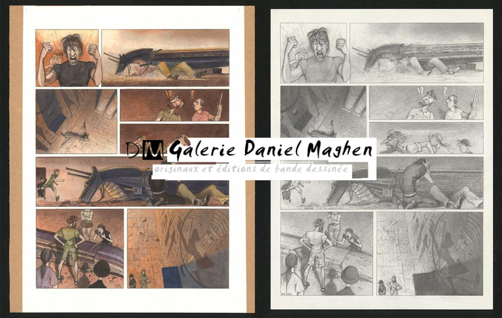 Planche originale n°90 et sa première étape noir et blanc (page 94) - Paul & Gaëtan Brizzi - Aquarelle et crayon de cire sur papier Arches - 6382