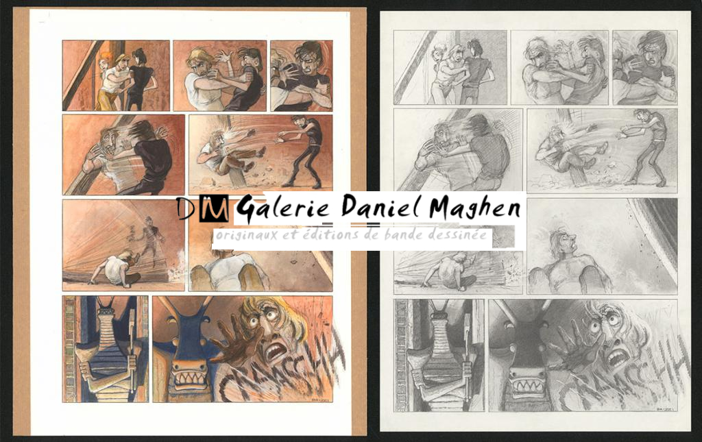 Planche originale n°89 et sa première étape noir et blanc (page 93) - Paul & Gaëtan Brizzi - Aquarelle et crayon de cire sur papier Arches - 6381