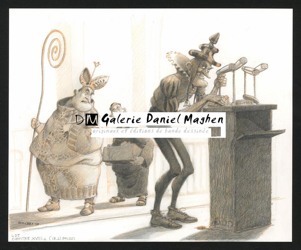 Le Chuiche, le bedon et le religieux, illustration originale, chapitre 18, 2019 - Paul & Gaëtan Brizzi - Crayon de cire sur papier - 6379