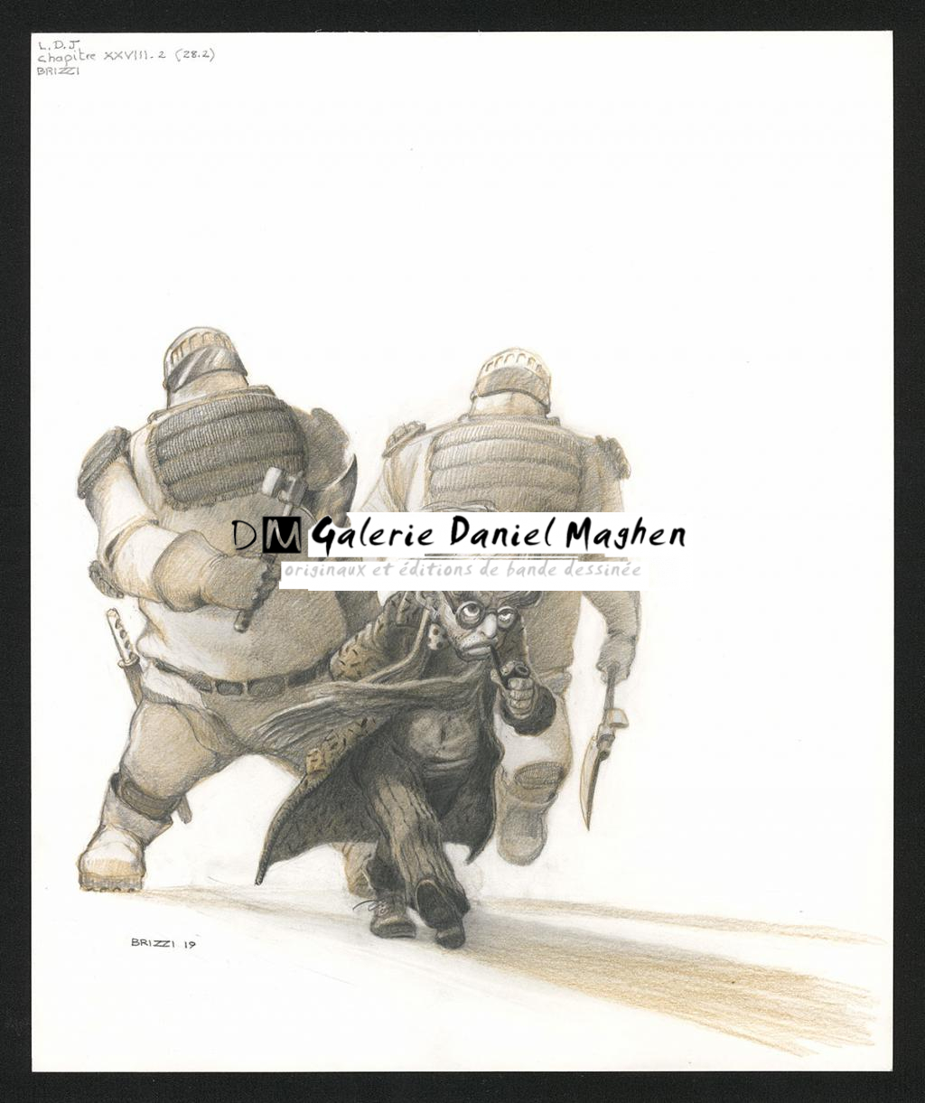J.Sol Partre et ses gardes du corps, illustration originale, chapitre 28, 2019 - Paul & Gaëtan Brizzi - Crayon de cire sur papier - 6378