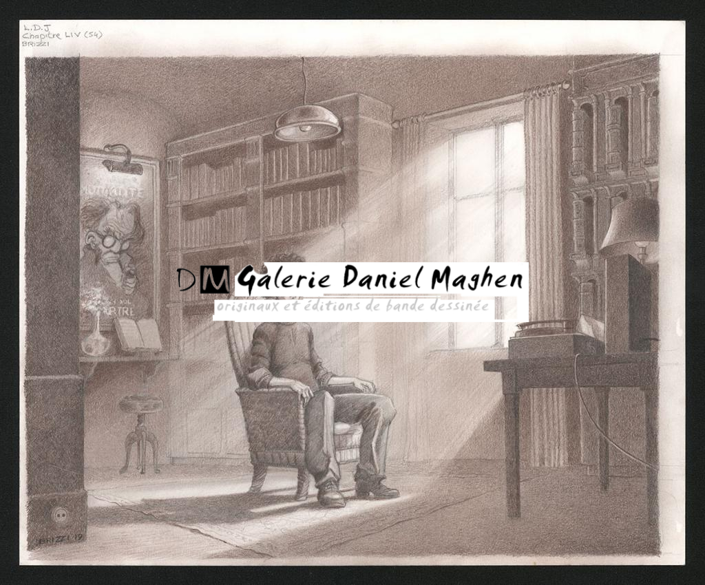 Chick et son tourne-disque, Illustration originale, chapitre 54, 2019 - Paul & Gaëtan Brizzi - Crayon de cire sur papier - 6377