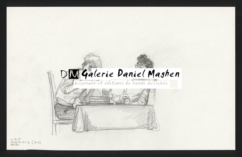 Colin et Chick à table, illustration originale, chapitre 12, 2019 - Paul & Gaëtan Brizzi - Crayon de cire sur papier - 6361