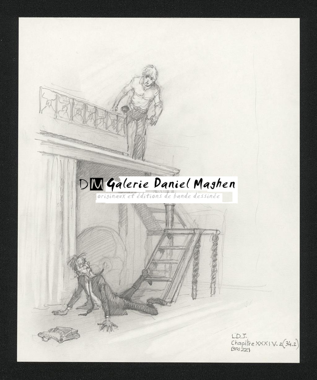 Mangemanche loupe une marche, illustration originale, chapitre 34, 2019 - Paul & Gaëtan Brizzi - Crayon de cire sur papier - 6495