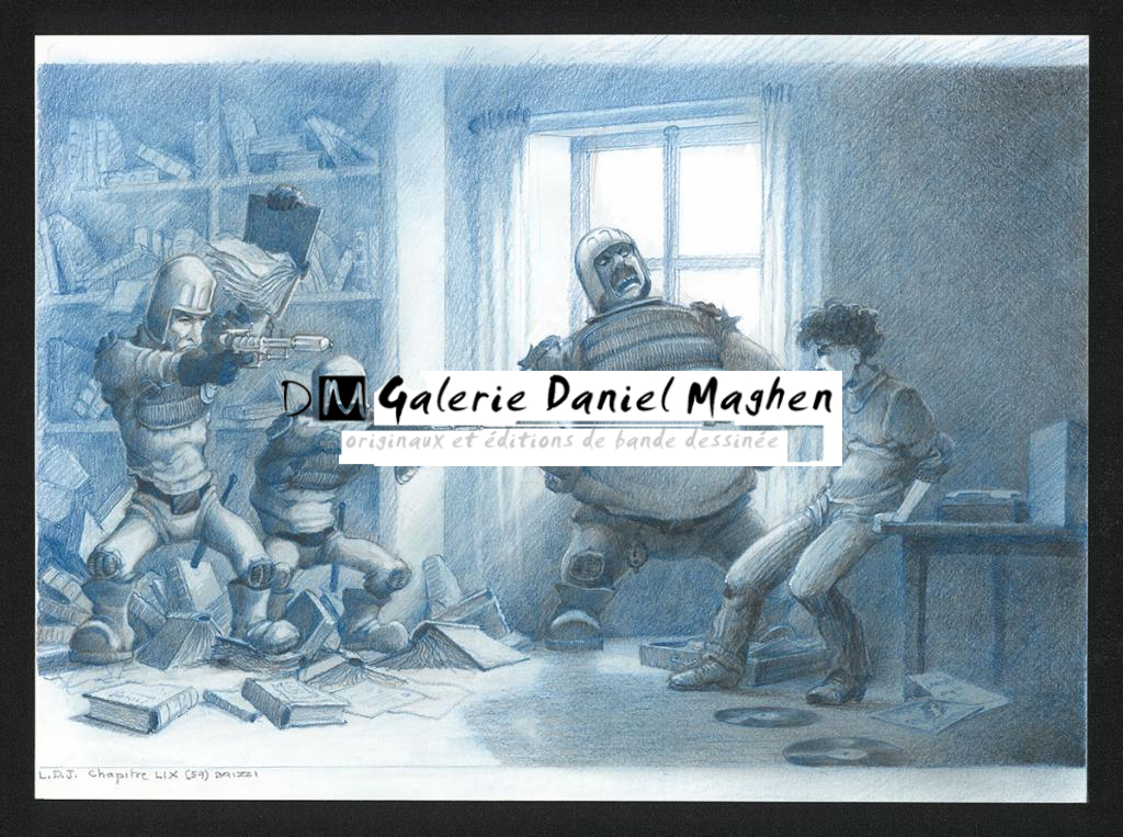 La police menace Chick, Illustration originale, chapitre 59, 2019 - Paul & Gaëtan Brizzi - Crayon de cire sur papier - 6346