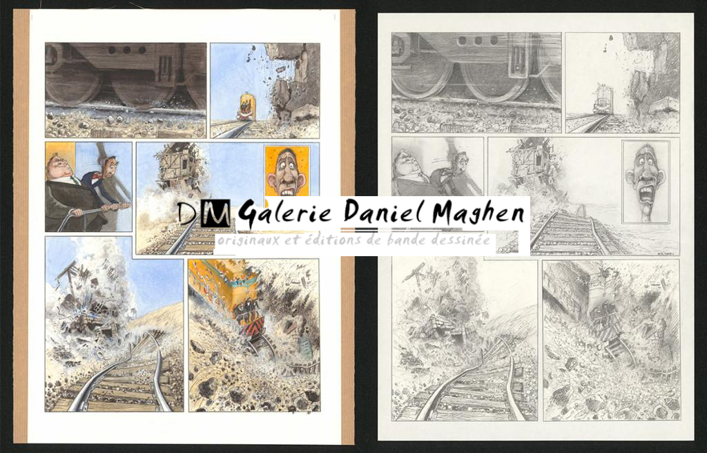 Planche originale n°108 et sa première étape en noir et blanc (page 112) - Paul & Gaëtan Brizzi - Aquarelle et crayon de cire sur papier Arches - 6493