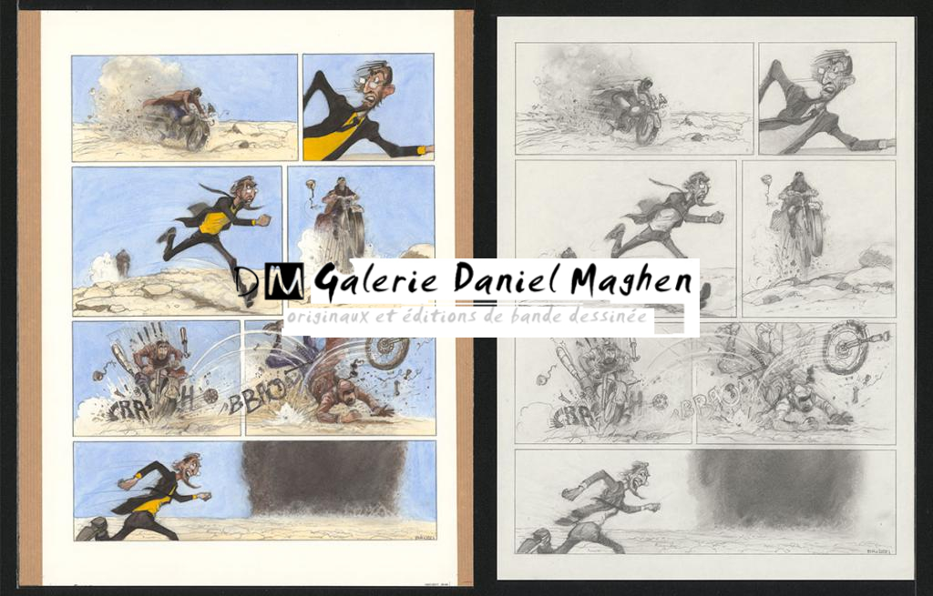 Planche originale n°95 et sa première étape en noir et blanc (page 99) - Paul & Gaëtan Brizzi - Aquarelle et crayon de cire sur papier Arches - 6344