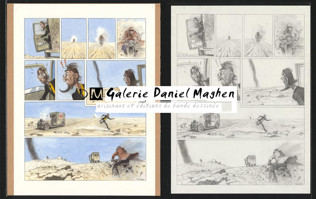 Planche originale n°94 et sa première étape en noir et blanc (page 98) - Paul & Gaëtan Brizzi - Aquarelle et crayon de cire sur papier Arches - 6342