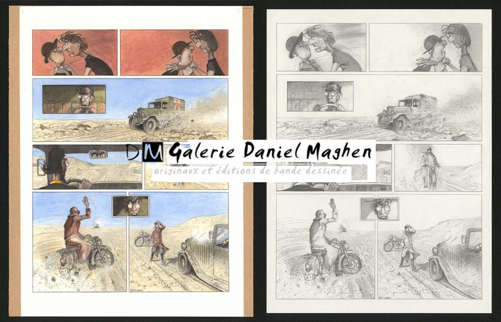 Planche originale n°91 et sa première étape en noir et blanc (page 95) - Paul & Gaëtan Brizzi - Aquarelle et crayon de cire sur papier Arches - 6341