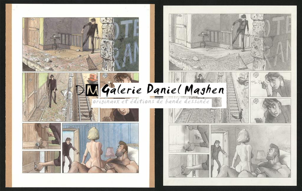 Planche originale n°98 et sa première étape en noir et blanc (page 102) - Paul & Gaëtan Brizzi - Aquarelle et crayon de cire sur papier Arches - 6491