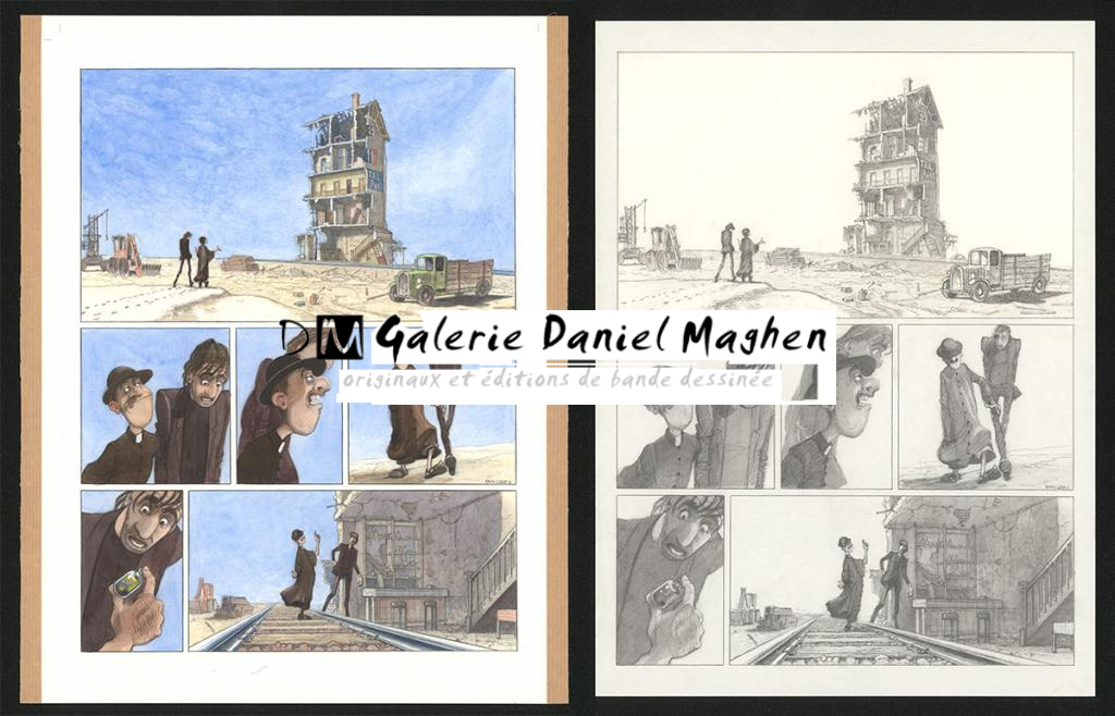 Planche originale n°97 et sa première étape en noir et blanc (page 101) - Paul & Gaëtan Brizzi - Aquarelle et crayon de cire sur papier Arches - 6490