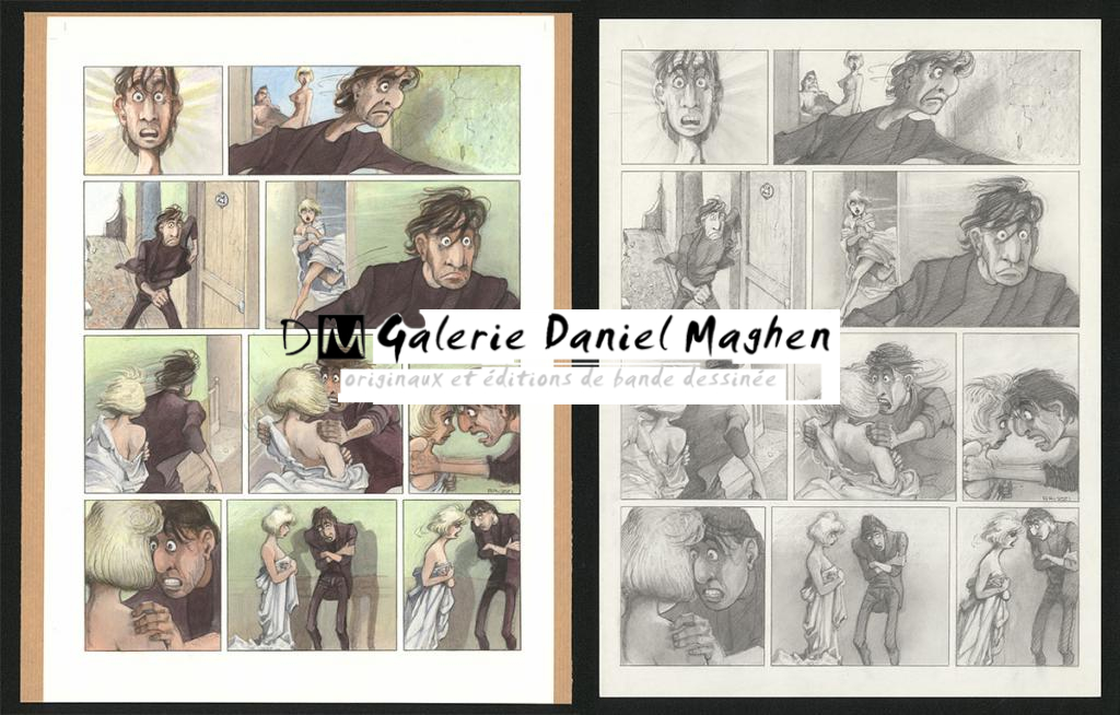 Planche originale n°99 et sa première étape en noir et blanc (page 103) - Paul & Gaëtan Brizzi - Aquarelle et crayon de cire sur papier Arches - 6340