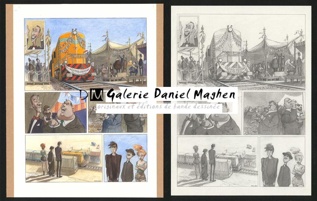 Planche originale n°105 et sa première étape en noir et blanc (page 109) - Paul & Gaëtan Brizzi - Aquarelle et crayon de cire sur papier Arches - 6488