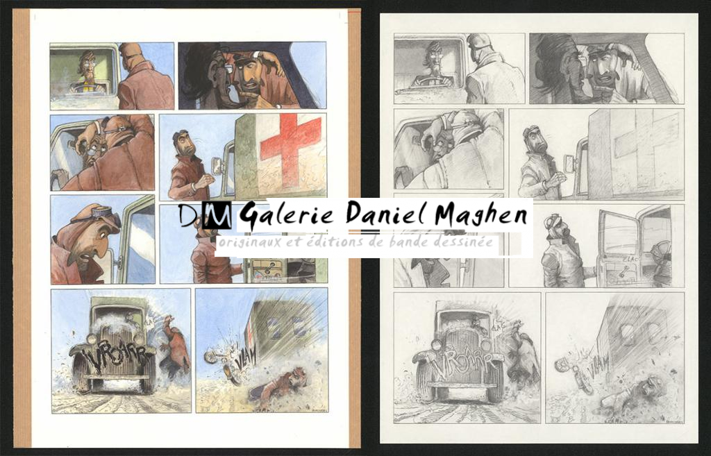 Planche originale n°92 et sa première étape en noir et blanc (page 96) - Paul & Gaëtan Brizzi - Aquarelle et crayon de cire sur papier Arches - 6338