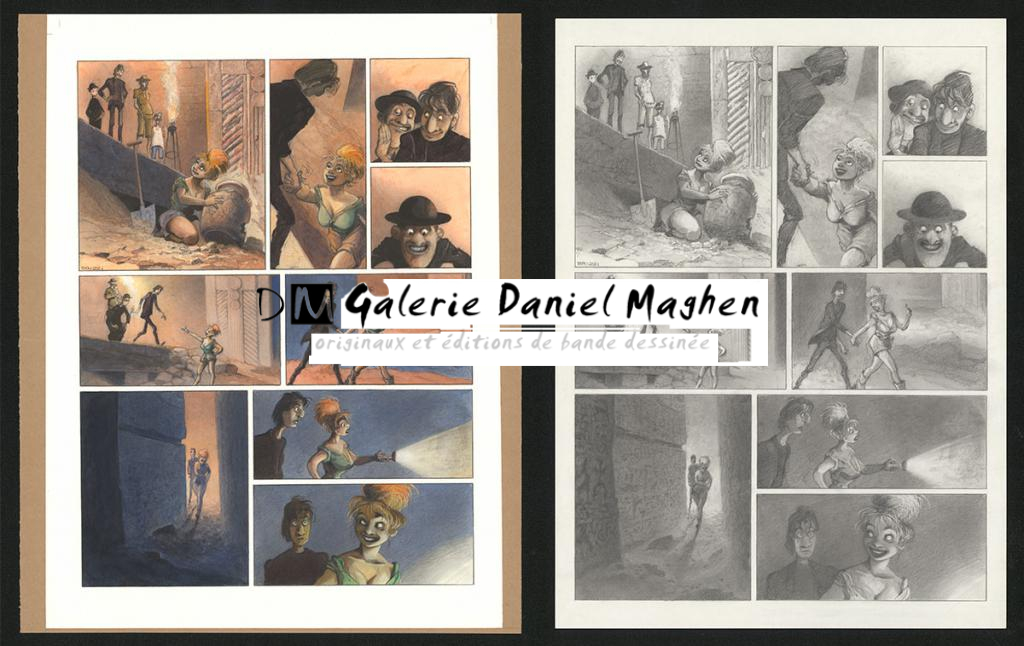 Planche originale n°73 et sa première étape en noir et blanc (page 77) - Paul & Gaëtan Brizzi - Aquarelle et crayon de cire sur papier Arches - 6336