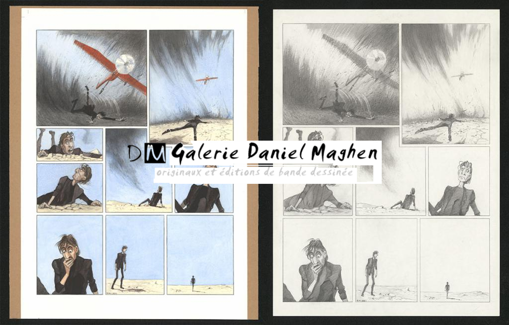 Planche originale n°69 et sa première étape en noir et blanc (page 73) - Paul & Gaëtan Brizzi - Aquarelle et crayon de cire sur papier Arches - 6335