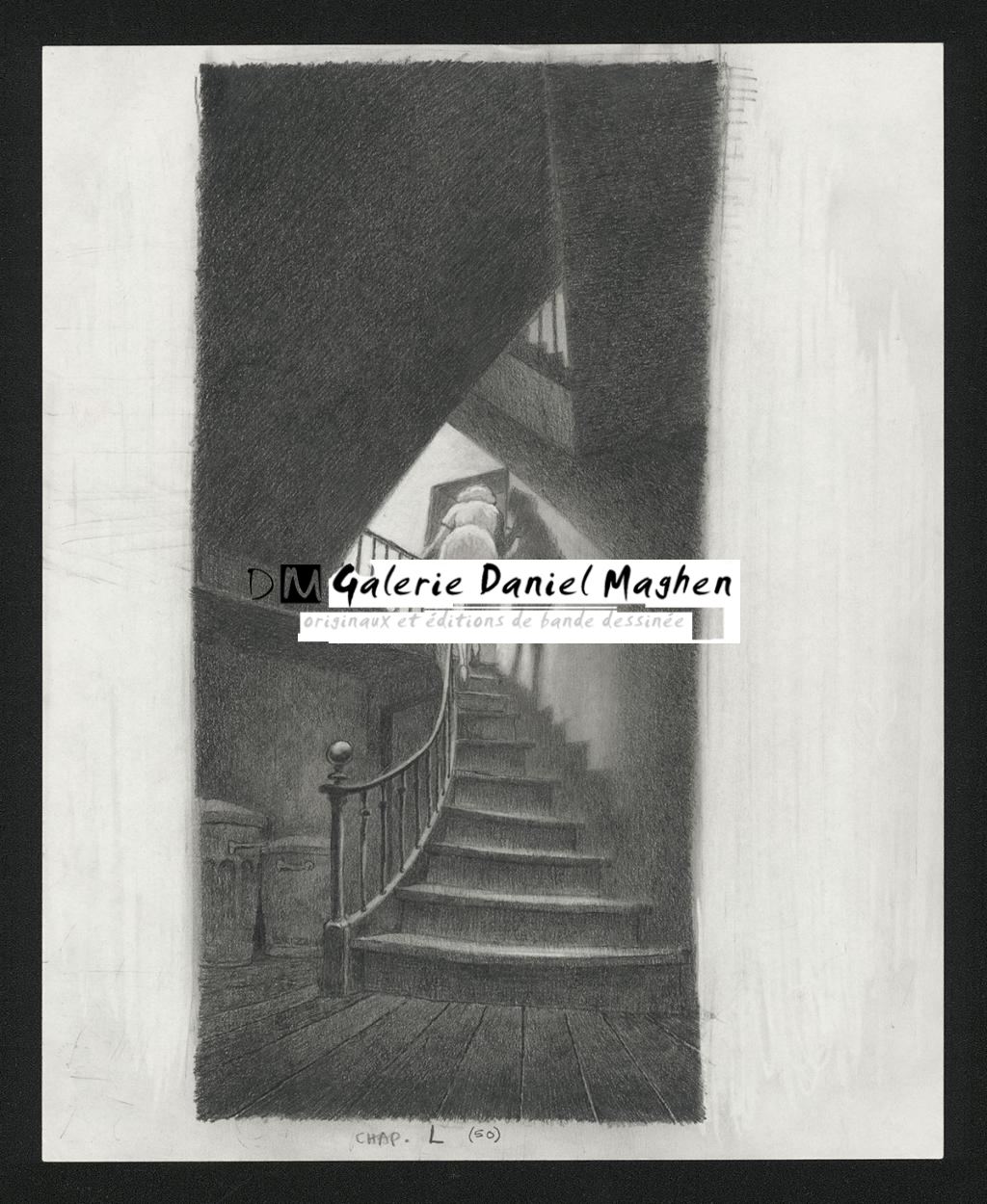 Isis dans l'escalier, Illustration originale, chapitre 50, avec croquis au dos, 2019 - Paul & Gaëtan Brizzi - Crayon de cire sur papier - 6327