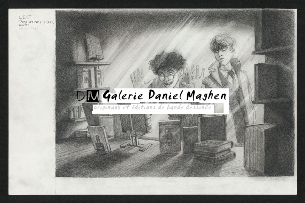 La Vitrine du libraire, illustration originale, chapitre 21, 2019 - Paul & Gaëtan Brizzi - Crayon de cire sur papier - 6326