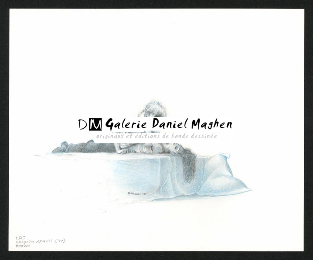 Chloé enlace Colin,illustration originale, chapitre 37, 2019 - Paul & Gaëtan Brizzi - Crayon de cire sur papier - 6456