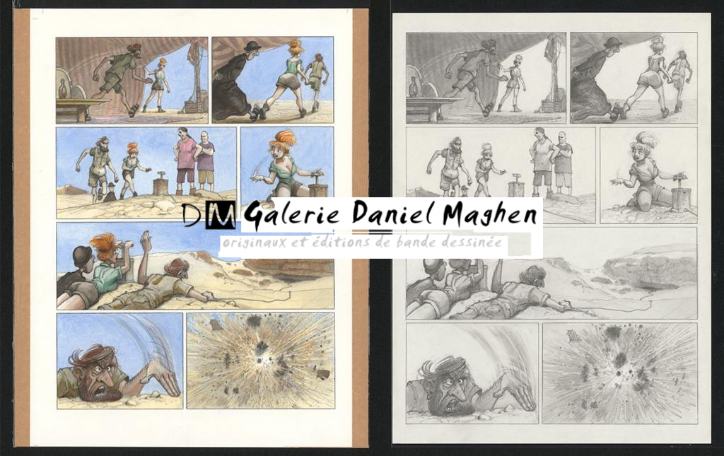 Planche originale n°37 et sa première étape en noir et blanc (page 41) - Paul & Gaëtan Brizzi - Aquarelle et crayon de cire sur papier Arches - 6282