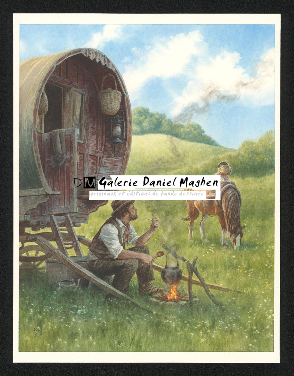 Illustration originale intitulée "Romany Gypsy cooking over a fire and noticing Mr Toad on horseback" (Rom cuisinant sur un feu de bois et remarquant Mr Crapaud à cheval) - Christopher Dunn - Aquarelle sur papier - 5500