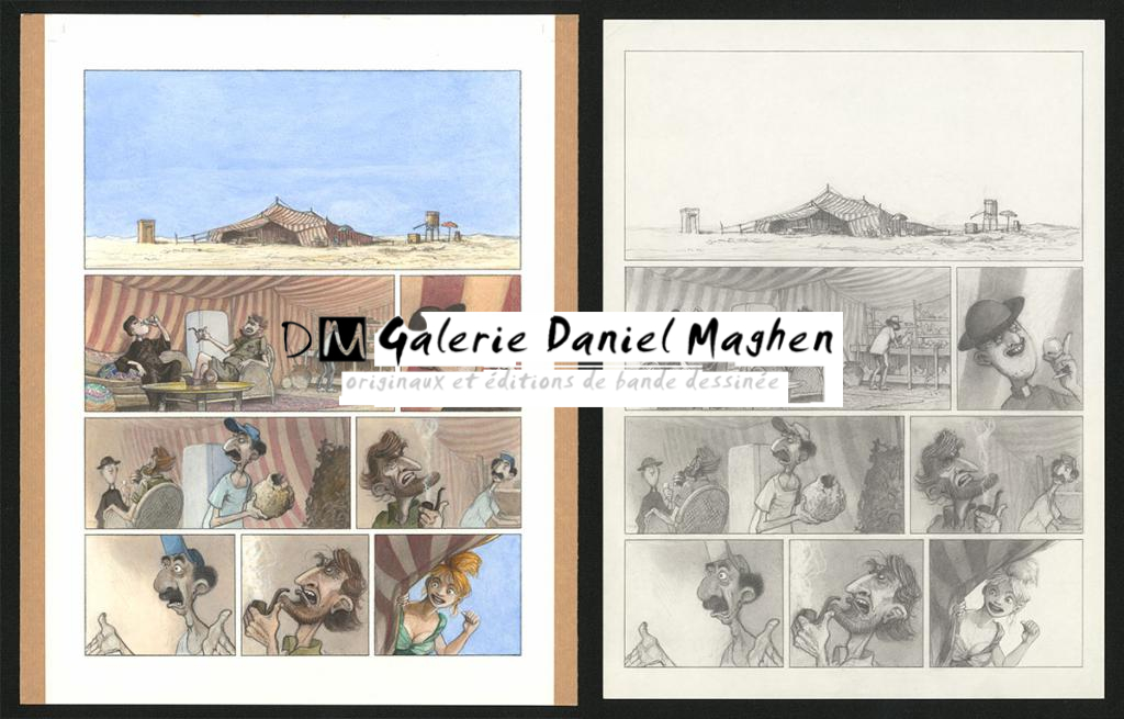 Planche originale n°36 et sa première étape en noir et blanc (page 40) - Paul & Gaëtan Brizzi - Aquarelle et crayon de cire sur papier Arches - 6310