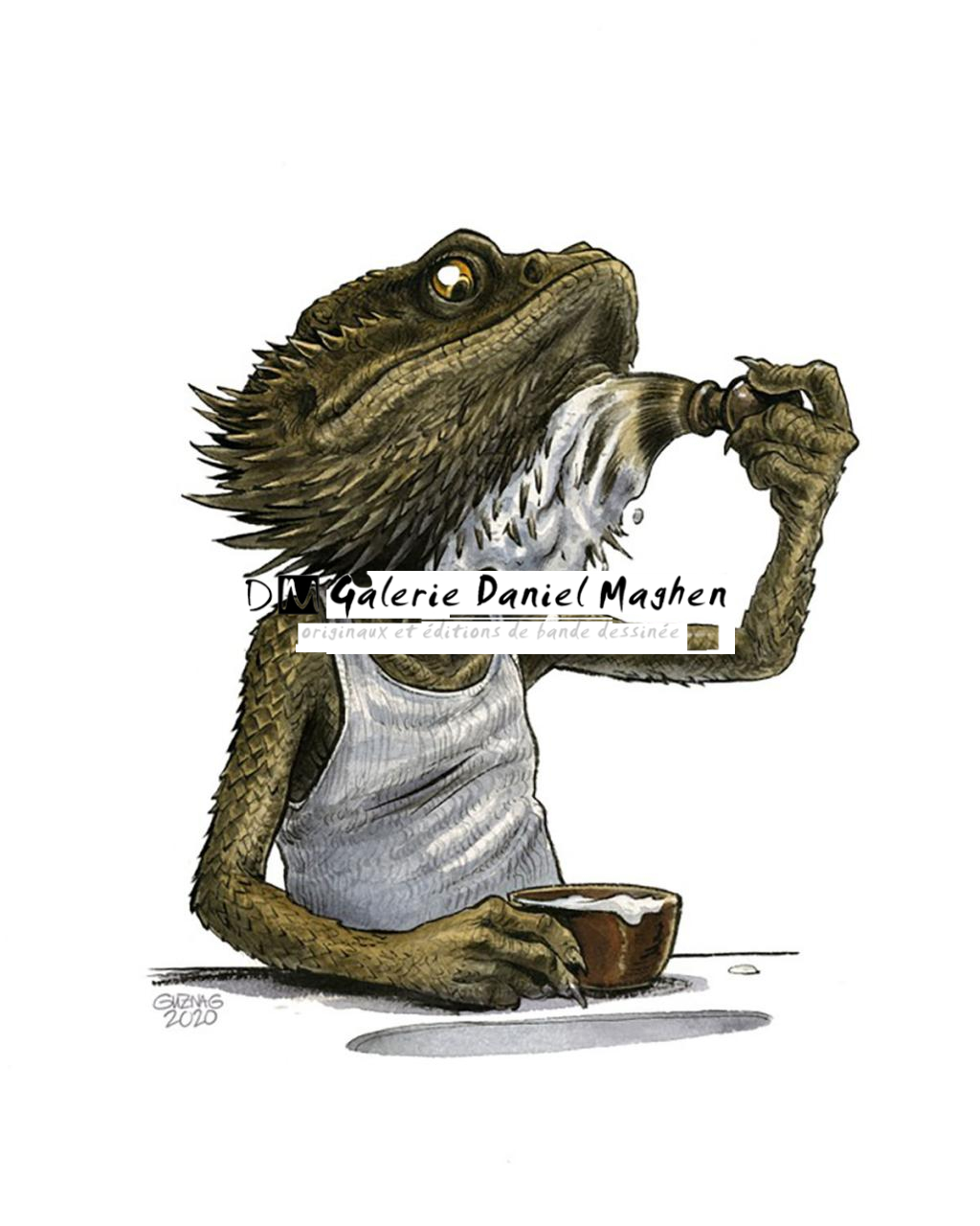 Illustration originale, Three days bearded dragon - Guznag - Encres acryliques sur papier aquarelle - 5659