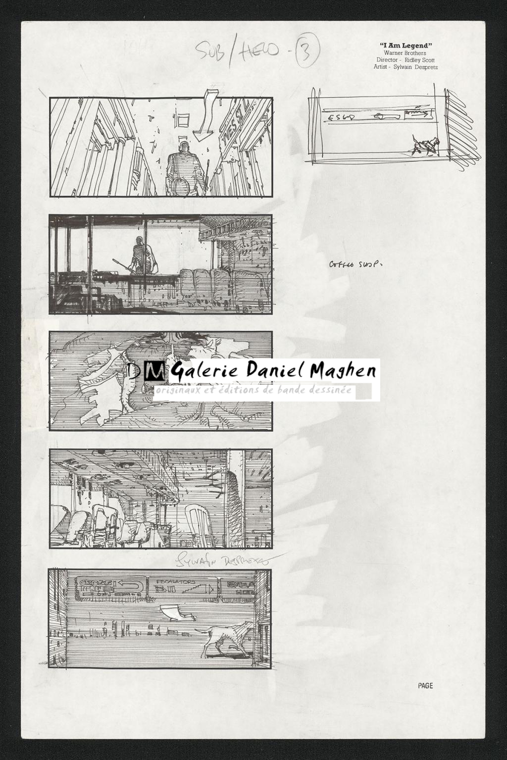 Story board pour le projet de film I Am Legend par Ridley Scott avec Arnold Schwarzenegger. Le dessin en haut à droite est de Ridley Scott. - Sylvain Despretz - Technique mixte sur papier - 5765