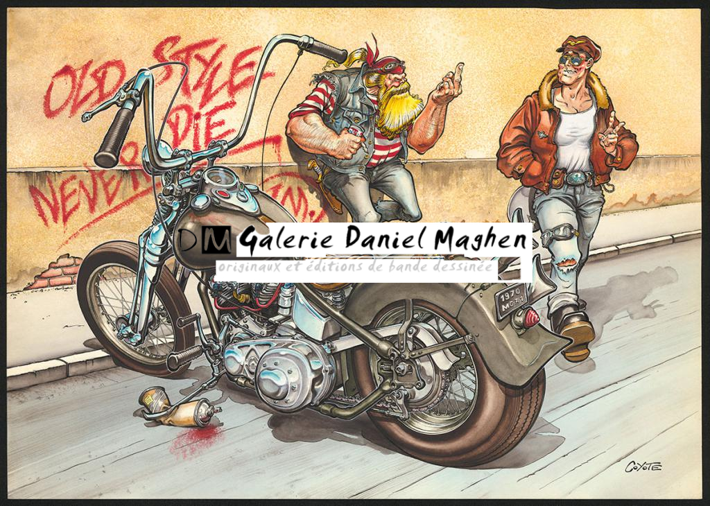 Illustration originale pour les posters de Biker Forever  intitulée Old style never die - Coyote - Aquarelle et encre de Chine sur papier - 5801