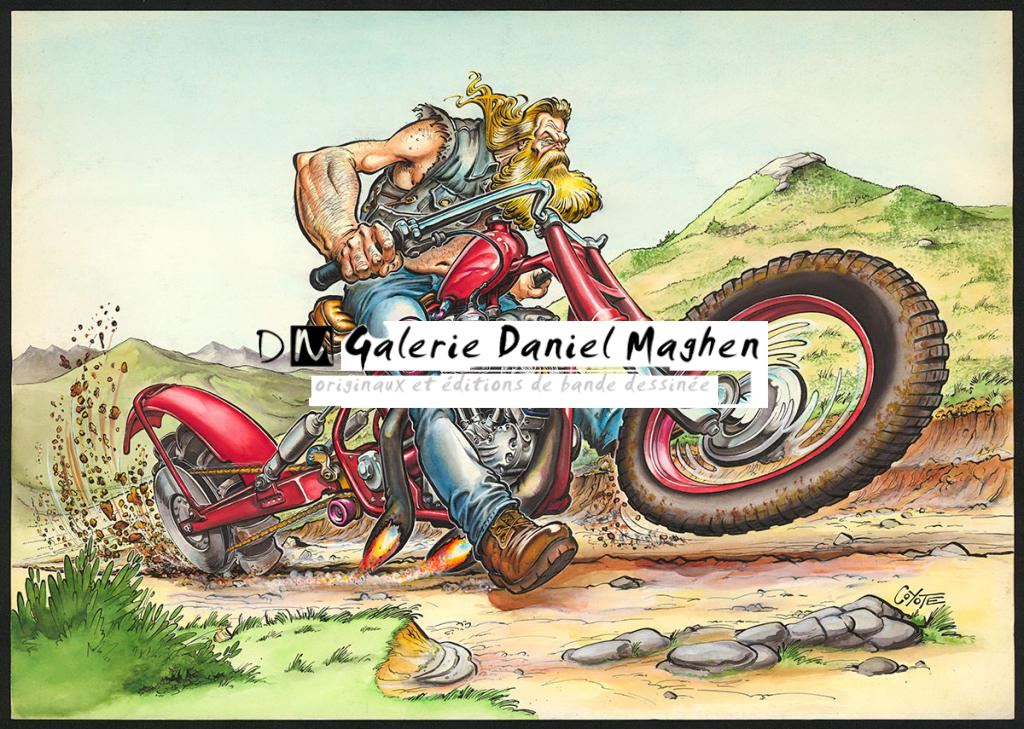 Illustration originale pour les posters de Biker Forever  intitulée Biker laboureur - Coyote - Aquarelle et encre de Chine sur papier - 5802