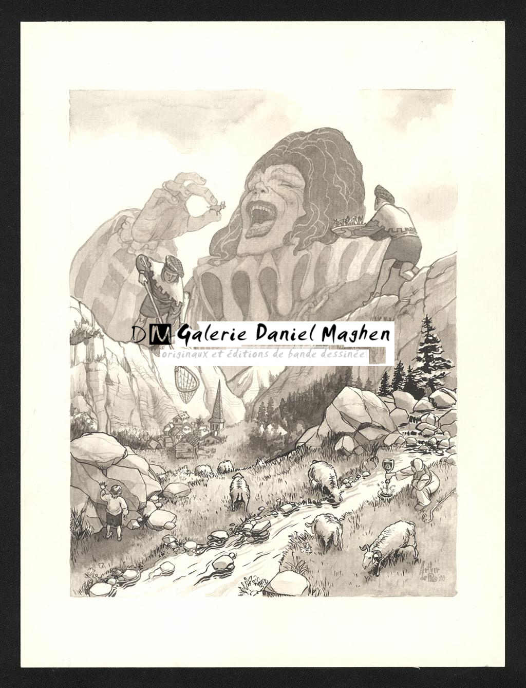 Illustration originale en hommage à la série Les Ogres Dieux - Arthur De pins - Encre de Chine et lavis sur papier - 6596