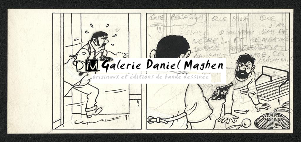 Ensemble de deux cases inachevées destinées à la page 17 de l'album et reproduit dans le tome 7 de Hergé - Chronologie d'une oeuvre, page 324 - Hergé - Mine de plomb et encre de Chine sur papier - 6121