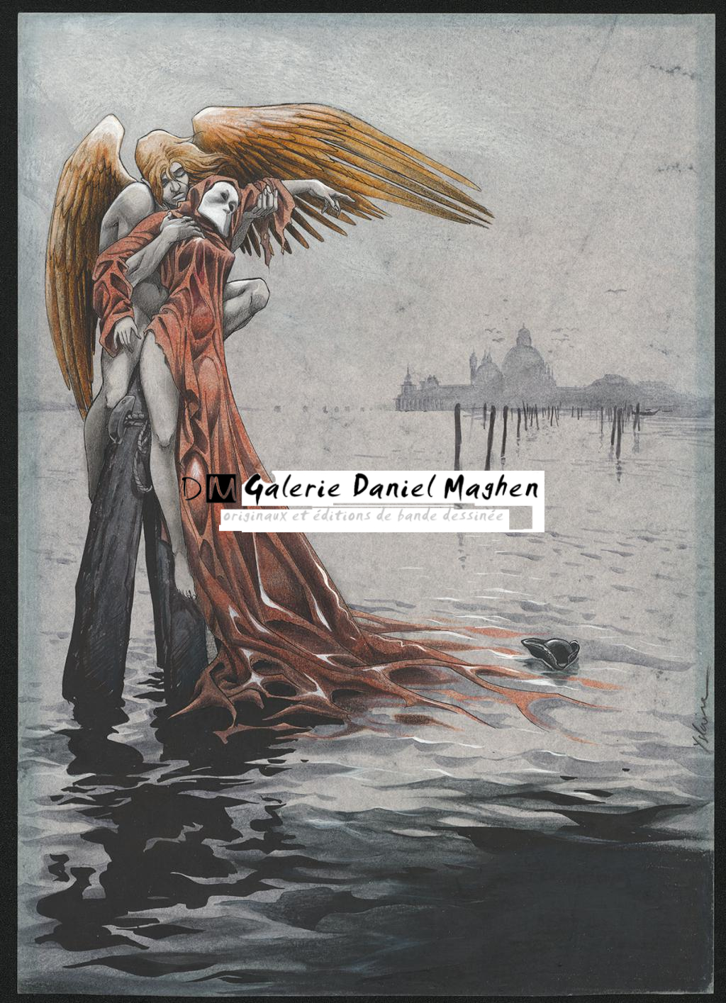 Illustration originale réalisée pour une sérigraphie Venise sauvée des eaux - Yslaire - Encre de Chine, encre de couleur et crayon sur pap - 6237